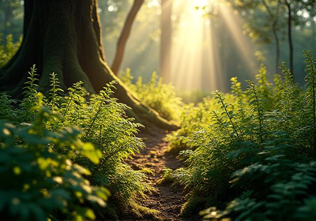 Un fitto sottobosco con abbondanti felci verdi e muschio, illuminato da raggi di sole filtrati