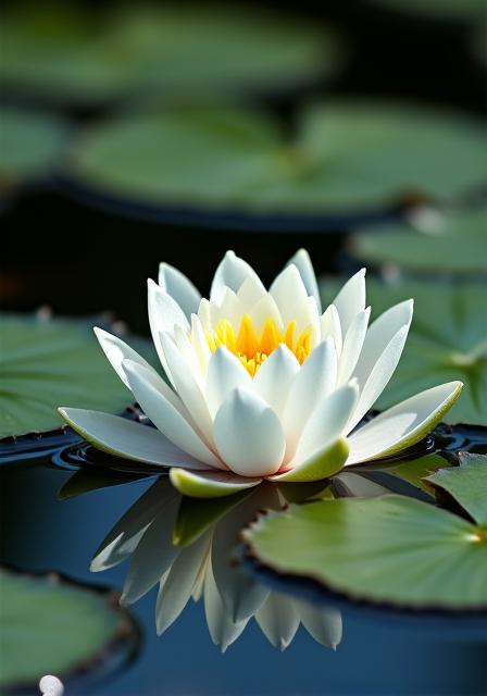 Un pacifico giglio acquatico galleggiante su uno stagno, con foglie verdi e fiori bianchi
