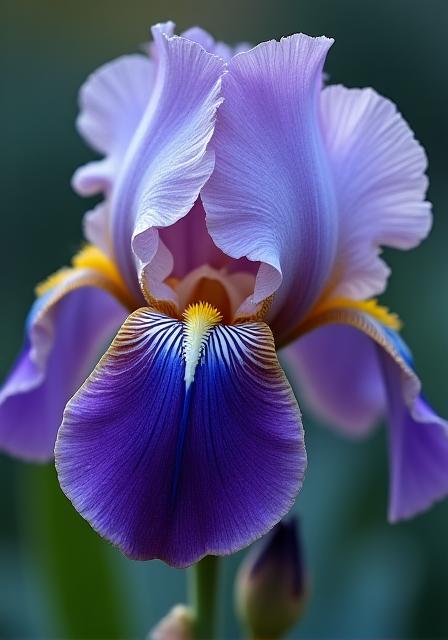 Primo piano di un elegante Iris viola, fiore simbolo di Firenze, con goccioline di rugiada