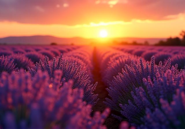 Un campo di lavanda profumato al tramonto, con sfumature violacee sotto un cielo arancione