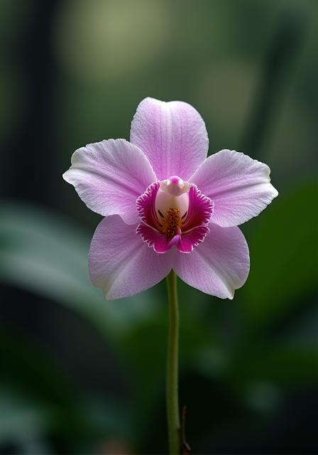 Dettaglio ravvicinato di una rara orchidea selvatica rosa e bianca trovata in un fitto bosco