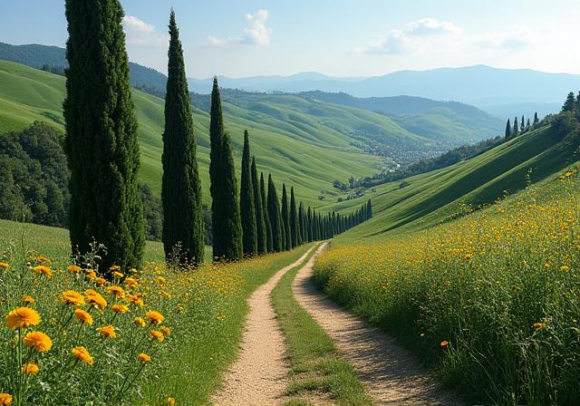 Tipico e iconico paesaggio toscano con sinuose colline verdeggianti, maestosi cipressi e vivaci fiori di campo