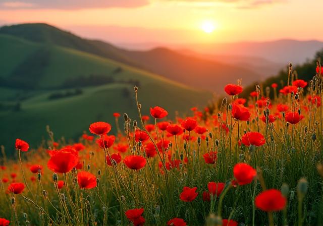 Papaveri rossi vibranti che punteggiano una dolce collina verde toscana all'alba