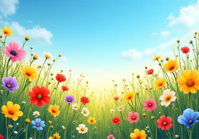 Un prato vibrante con una varietà di fiori primaverili colorati in piena esplosione sotto un cielo azzurro