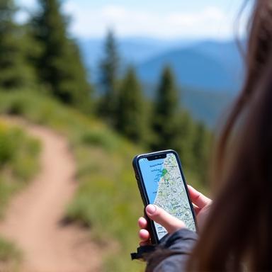Un escursionista entusiasta che guarda una mappa sul suo telefono in un sentiero di montagna