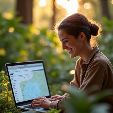 Una persona sorridente che pianifica un viaggio su un laptop immersa nella natura