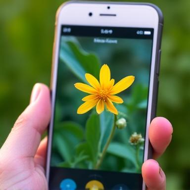 Primo piano di uno smartphone che identifica un delicato fiore di campo con la realtà aumentata